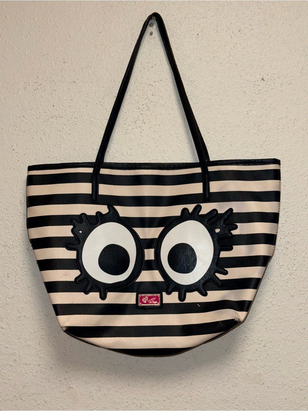 Betsey Johnson Black and Cream Striped Eye Applique Tote